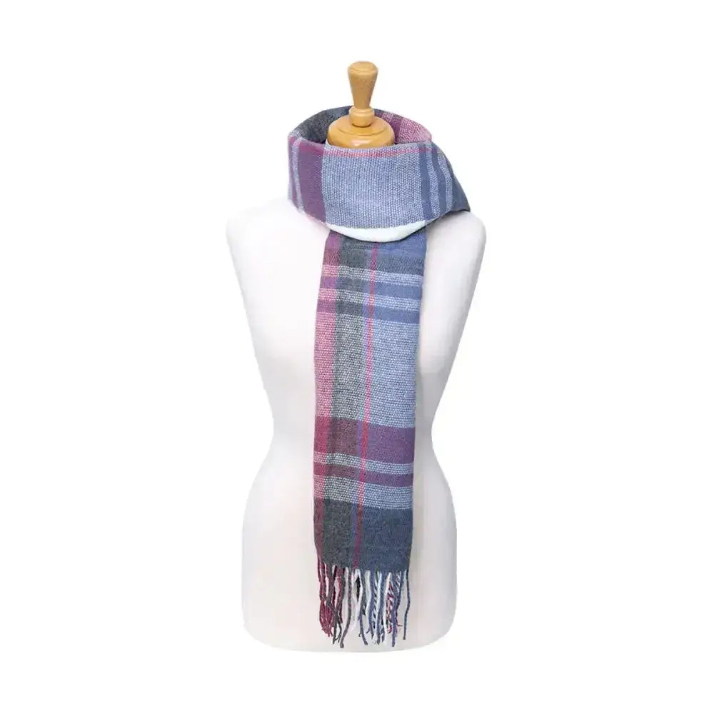 A cozy multicolored purple pink and gray equestrian ladies supersoft tartan print scarf with fringed ends