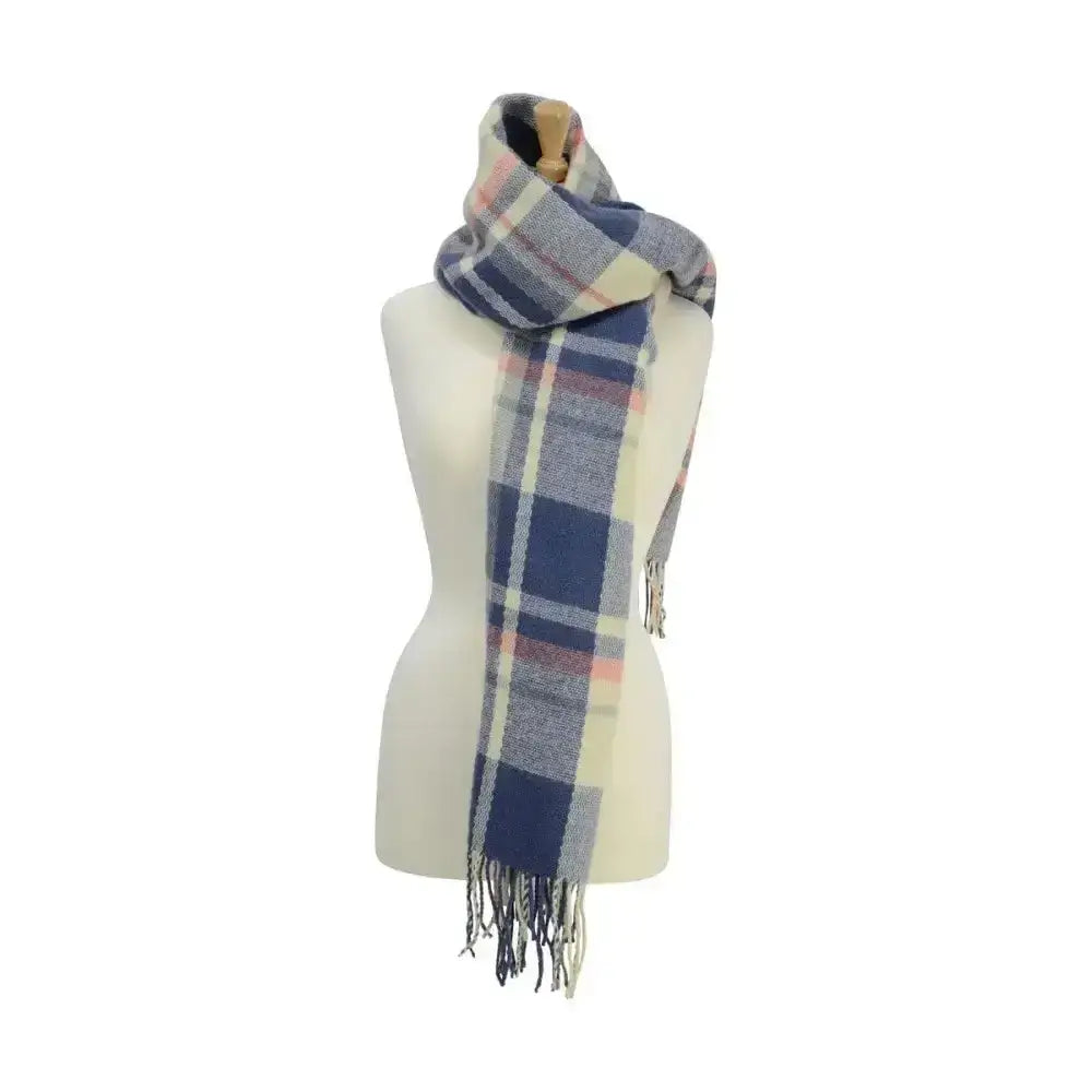 A cozy equestrian ladies supersoft tartan scarf in navy blue cream and pink with textured weave and fringed ends