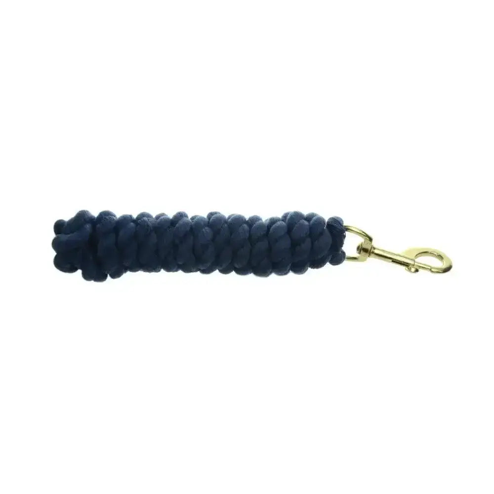 Navy blue cotton equestrian lead rope with a gold brass trigger hook from hy equestrian lead rope trigger hook