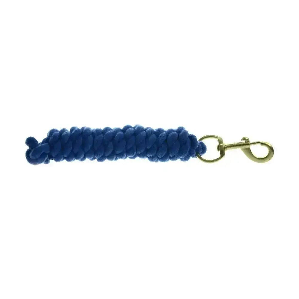 Deep blue cotton equestrian lead rope with gold-toned brass trigger hook for durable horse handling