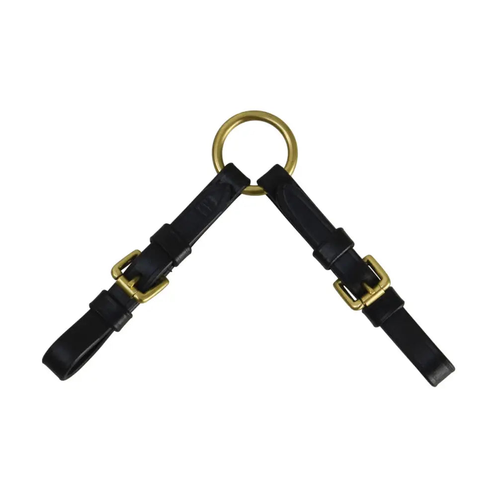 Black leather equestrian leather coupling strap with brass buckles and gold-toned ring for secure horse tack