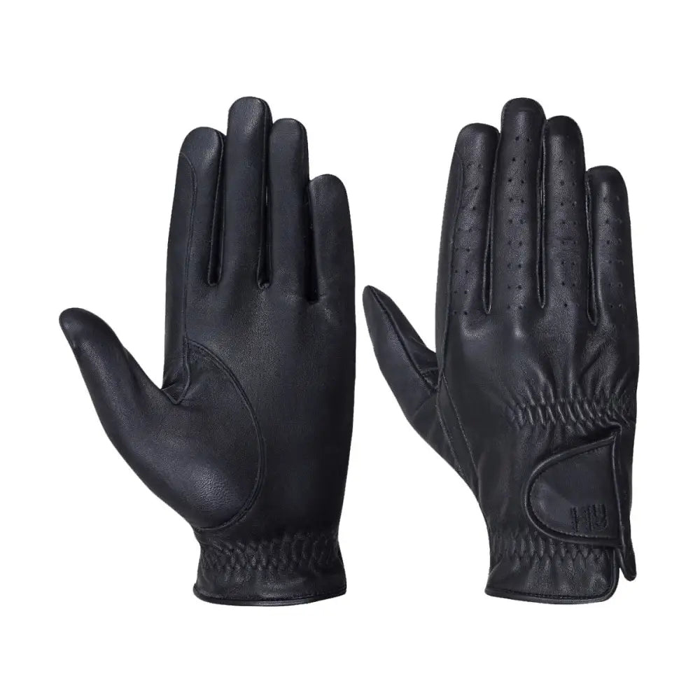 Black equestrian leather riding gloves with perforated fingers and stitched wrist strap for classy leather gloves look