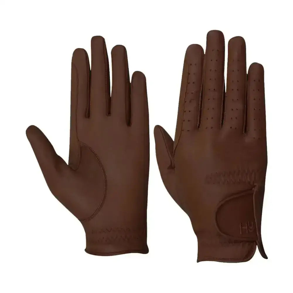 Brown equestrian leather riding gloves with perforated fingertips and wrist strap for a classy leather gloves look