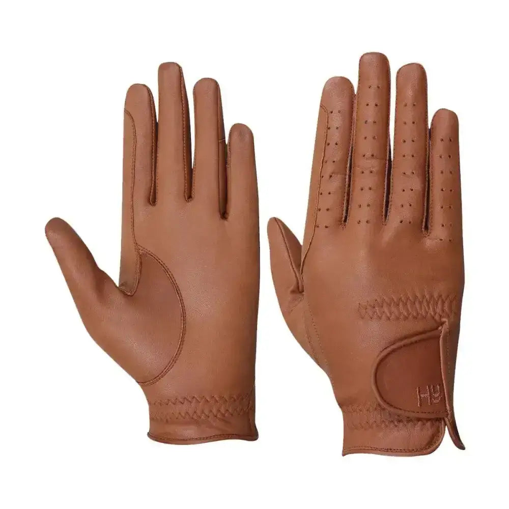 Tan leather riding gloves with perforated fingers and stitched detailing from hy equestrian leather riding gloves