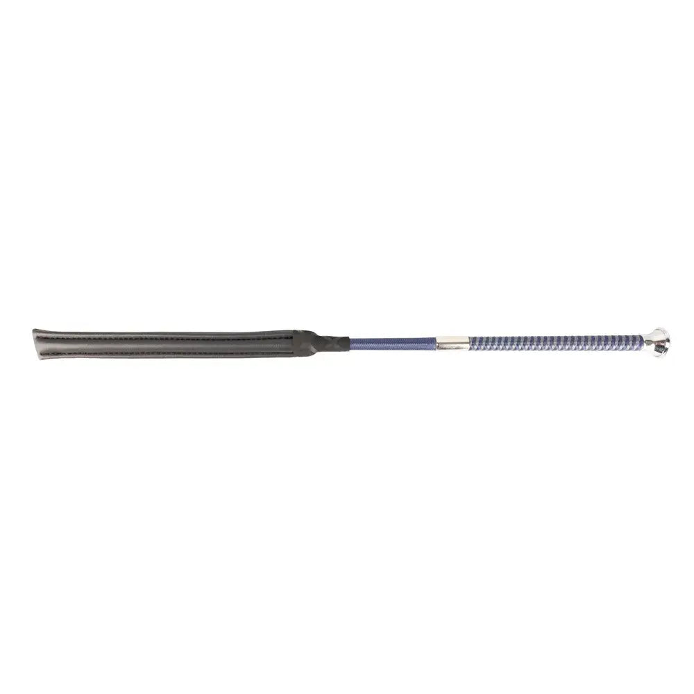 Black leather equestrian legal jump bat with purple braided handle and silver metal ferrule by hy equestrian