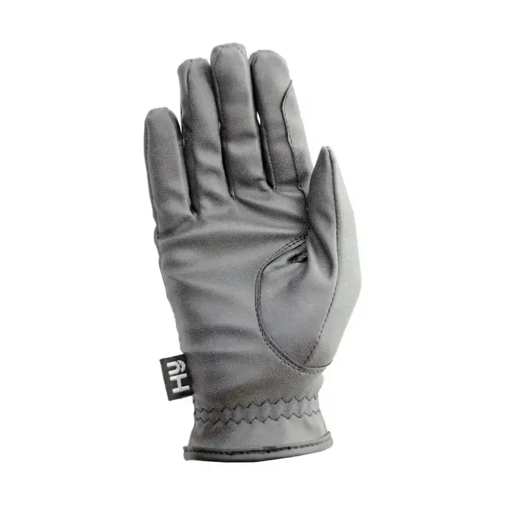 Gray leather hy equestrian lightweight riding gloves with reinforced stitching and black brand tag to prevent excess wear