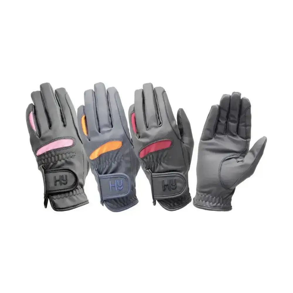Gray hy equestrian lightweight riding gloves with pink orange and red accents on back for smart leather glove use