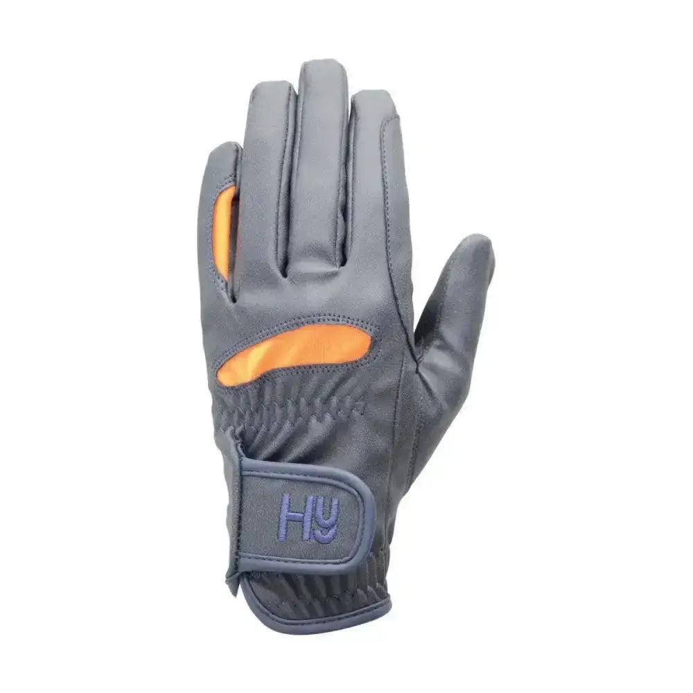 Gray lightweight riding gloves with orange accents and a purple hv logo designed to prevent excess wear
