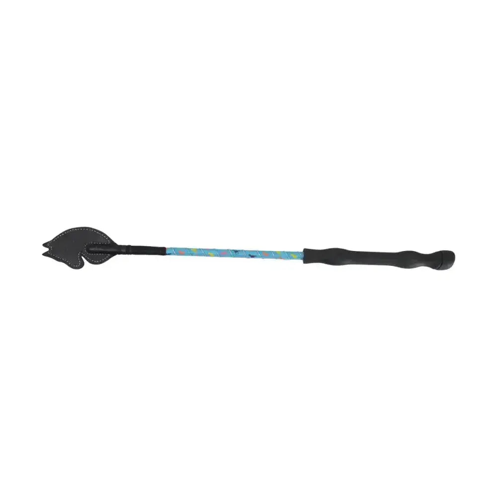 Black leather horse head whip with decorative blue and white handle for hy equestrian little rider’s whip riding crops