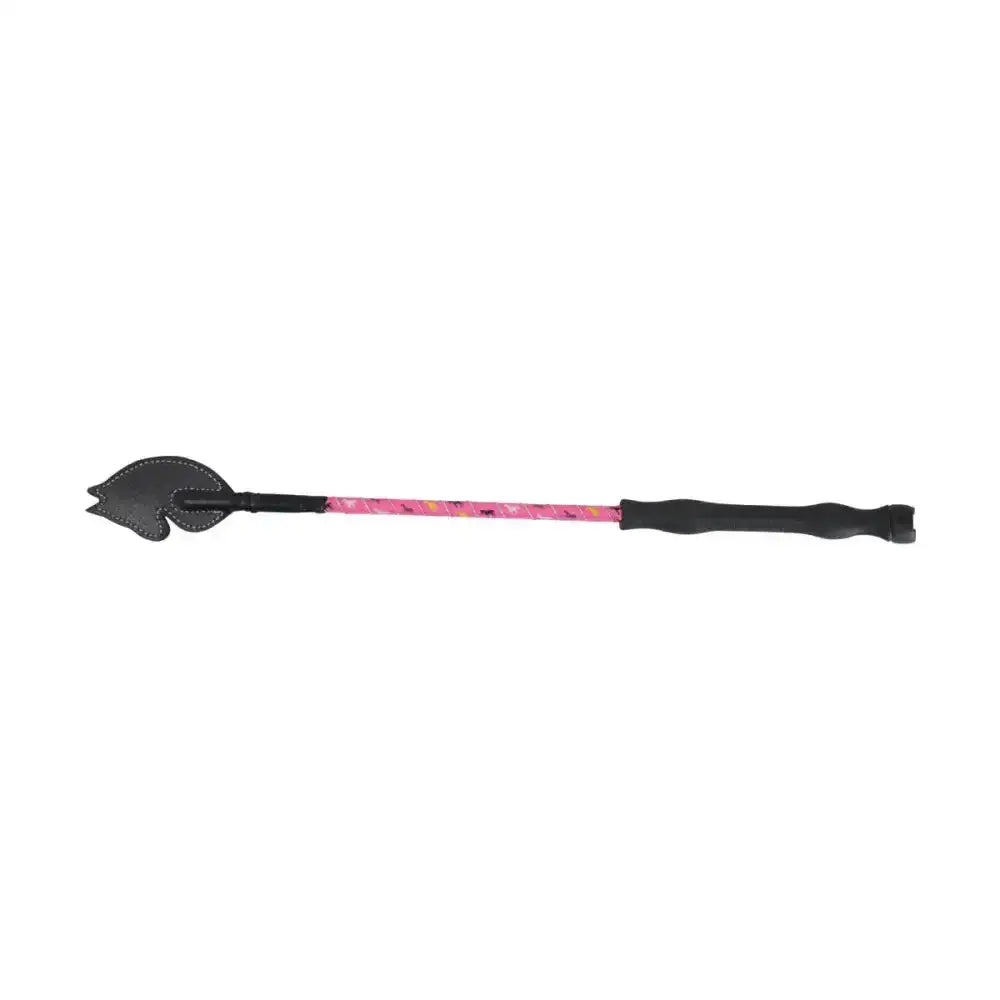 A sleek black leather rider’s whip with a pink patterned shaft designed for kids by hy equestrian little rider’s whip