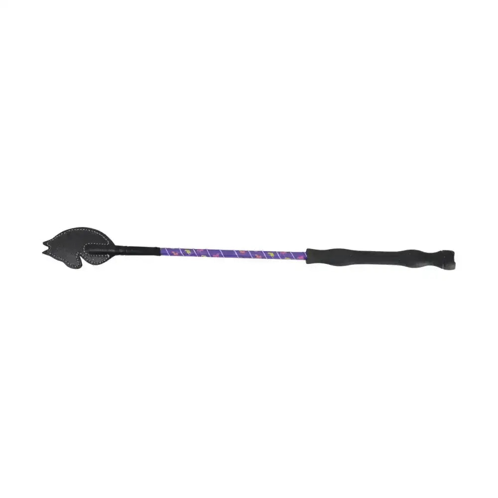 Black leather rider’s whip with purple patterned shaft and ergonomic handle from Hy Equestrian little rider’s whip