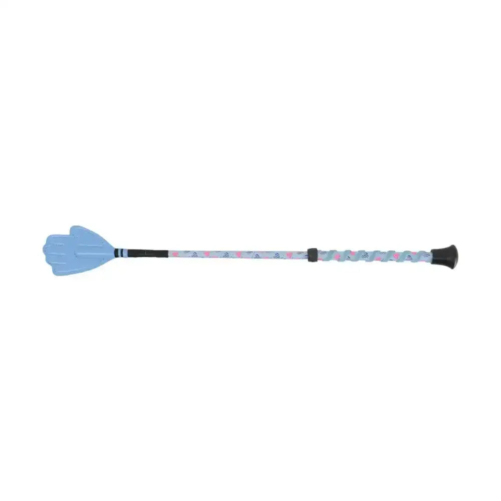 Light blue plastic equestrian lola love heart riding whip with textured grip and decorative patterned shaft