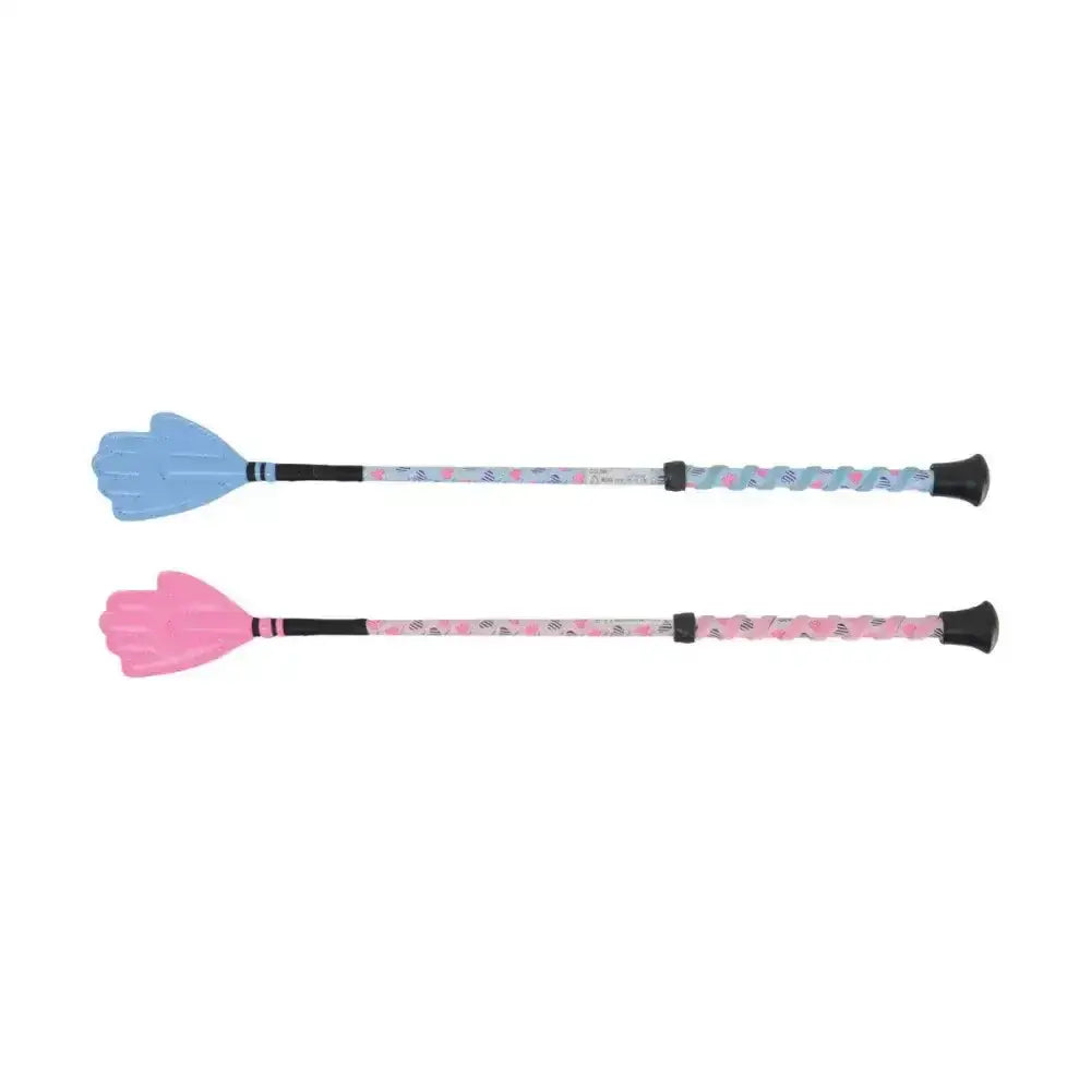 Two colorful equestrian lola love heart riding whips with soft hand-shaped heads and patterned handles for kids