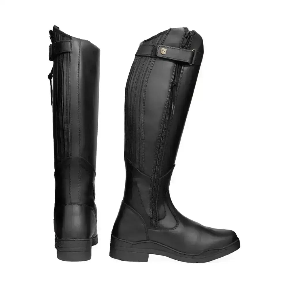 Black leather hy equestrian londonderry winter country riding boots with zipper and strap closure, stylish and practical tall riding boots