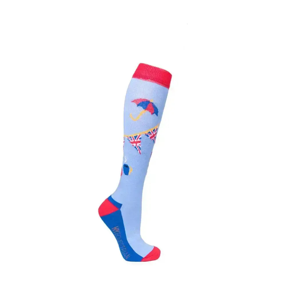 Light blue knee-high socks from hy equestrian love from london pack with union jack bunting and colorful umbrella design patriotic socks inspired by katey shaws london