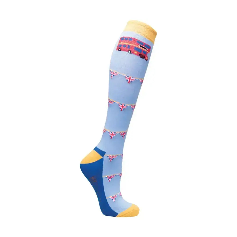 Light blue hy equestrian london socks with red double-decker bus and union jack bunting patriotic socks inspired by katey shaw’s london