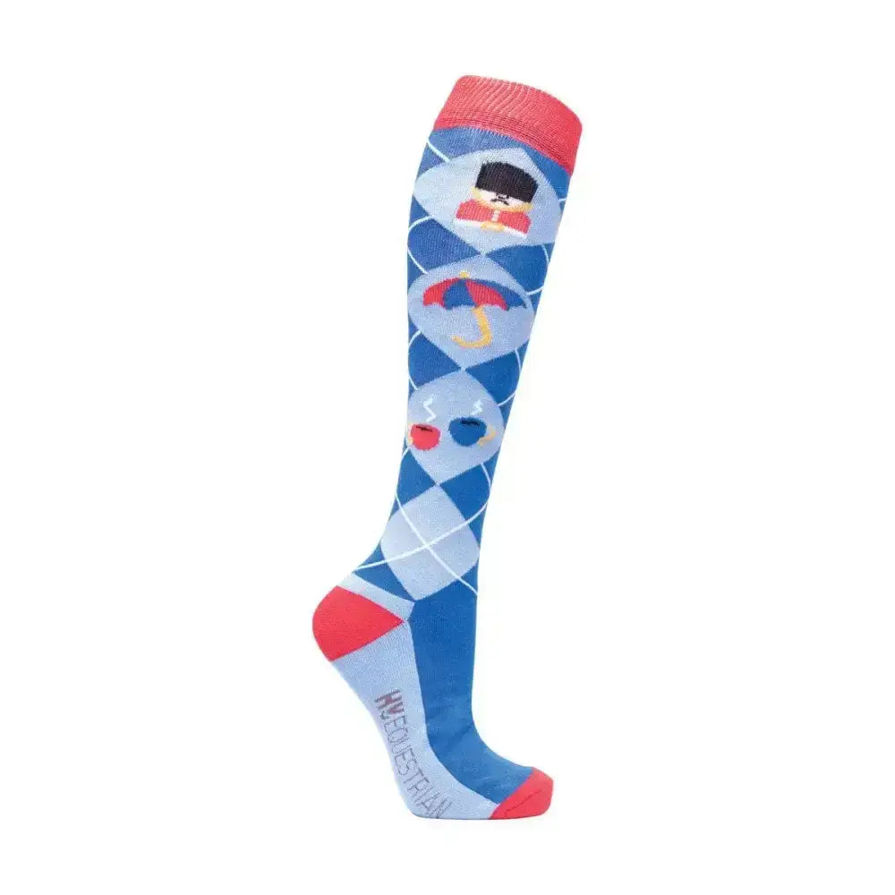 Blue and light blue argyle knee-high socks with red accents and playful top hat umbrella lips designs from katey shaw’s london patriotic socks inspired pack