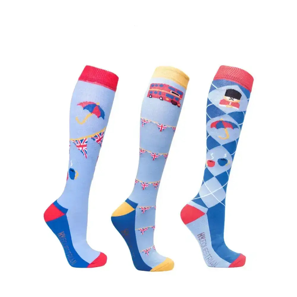 Three light blue knee-high socks from katey shaw’s london with union jack bunting and patriotic socks inspired designs