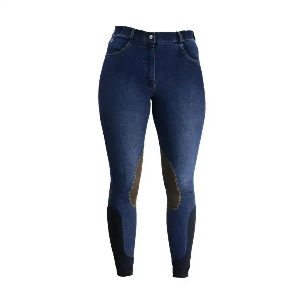 Dark blue denim equestrian lucinda denim breeches with brown leather knee patches and black ankle fabric design