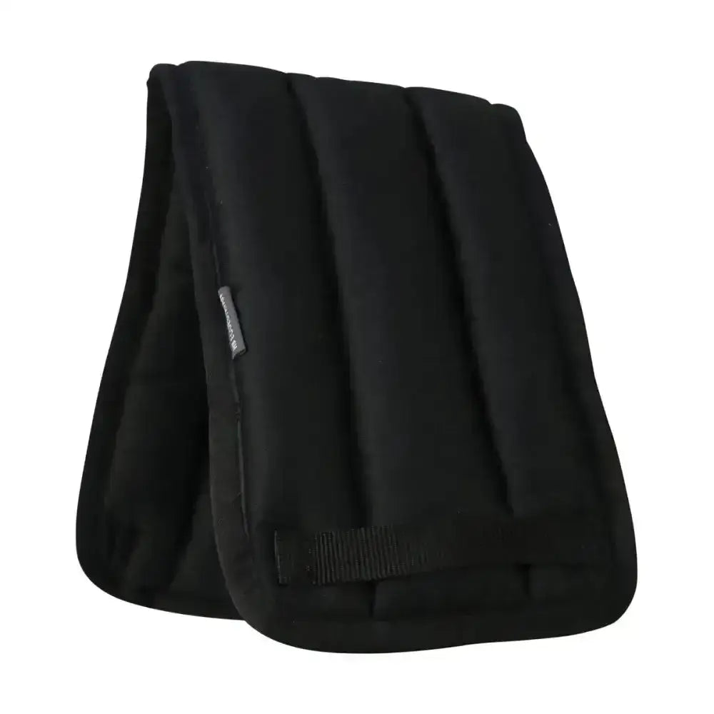 Black padded horse lunge roller pad with quilted vertical sections and fabric strap for equestrian lunge roller use