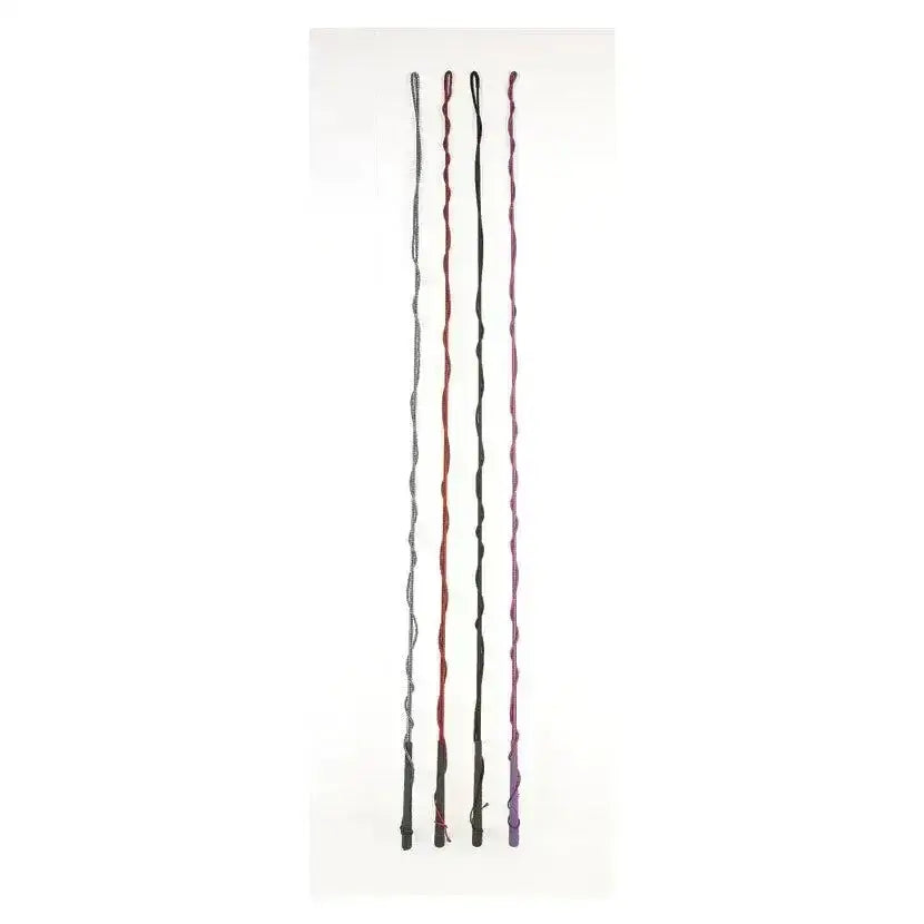 Three twisted leather grip handles in gray red and purple for hy equestrian lunging whip use