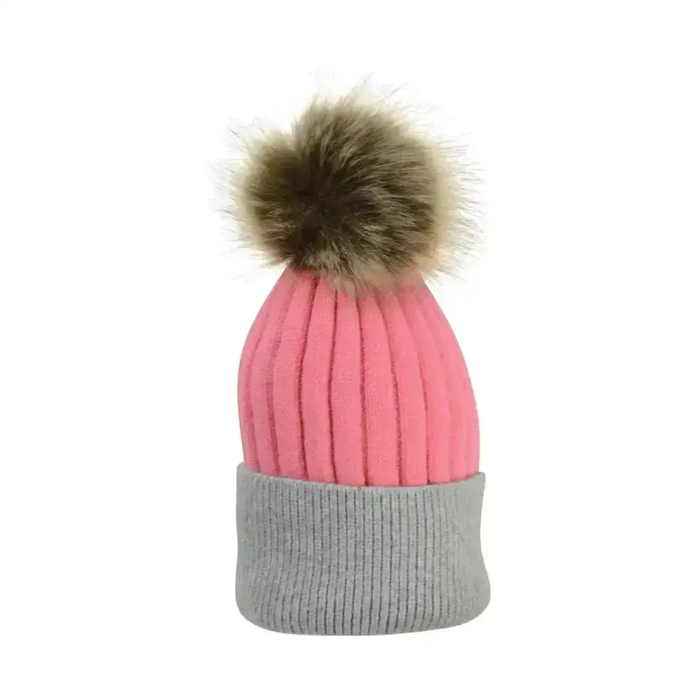 Pink ribbed knit beanie with gray cuff and fluffy brown pompom from hy equestrian luxembourg luxury bobble hat collection