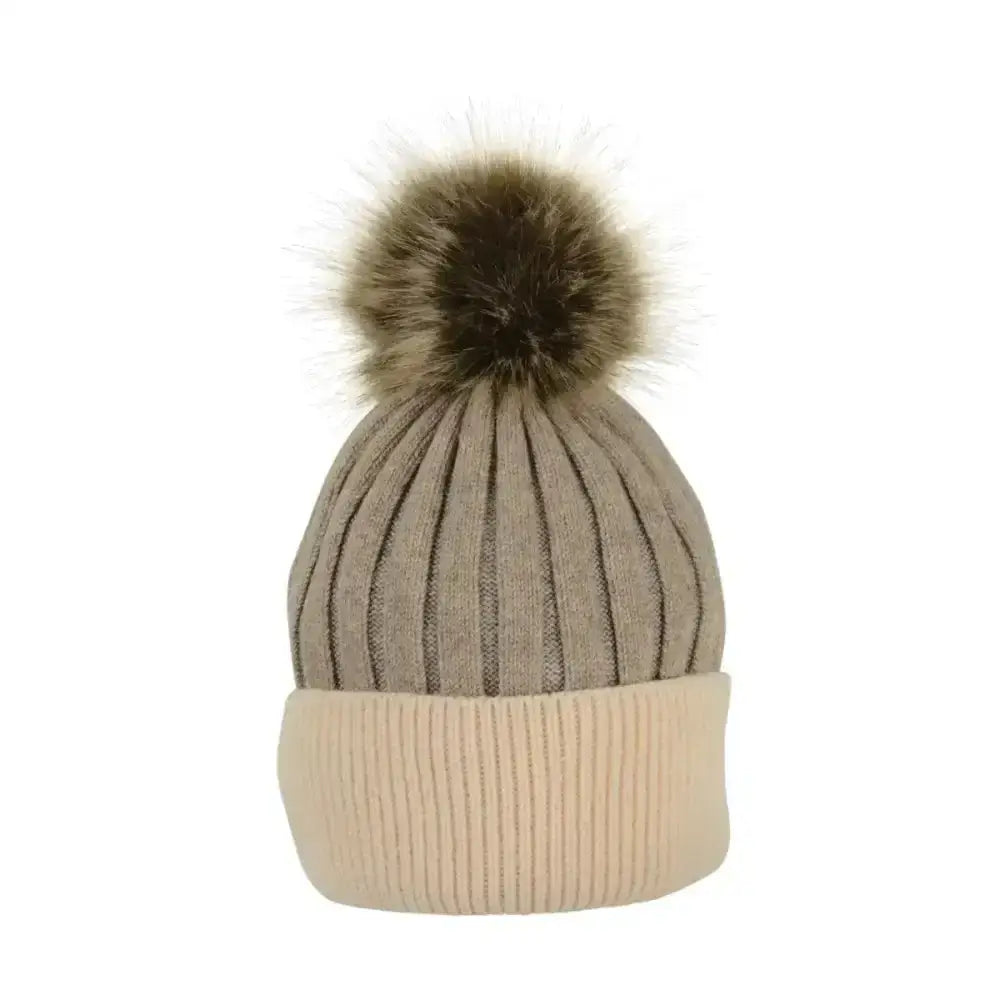 Beige ribbed knit beanie with cream cuff and brown pom pom perfect stylish bobble hat from Hy equestrian luxembourg luxury