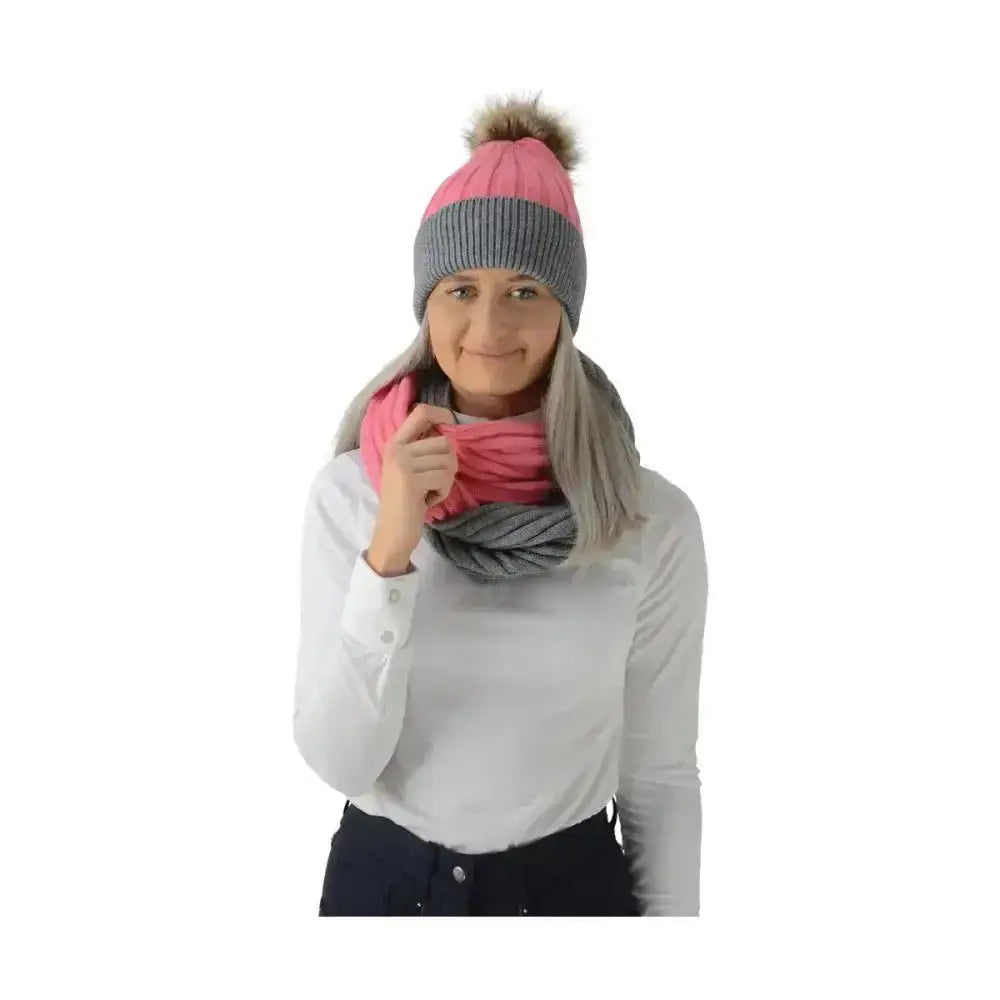 Pink and gray striped knit beanie with fluffy brown pom pom from hy equestrian luxembourg luxury snood collection