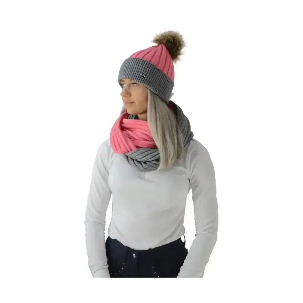Pink and gray knitted beanie with brown fur pom pom paired with luxembourg luxury snood for cosy two tone equestrian style