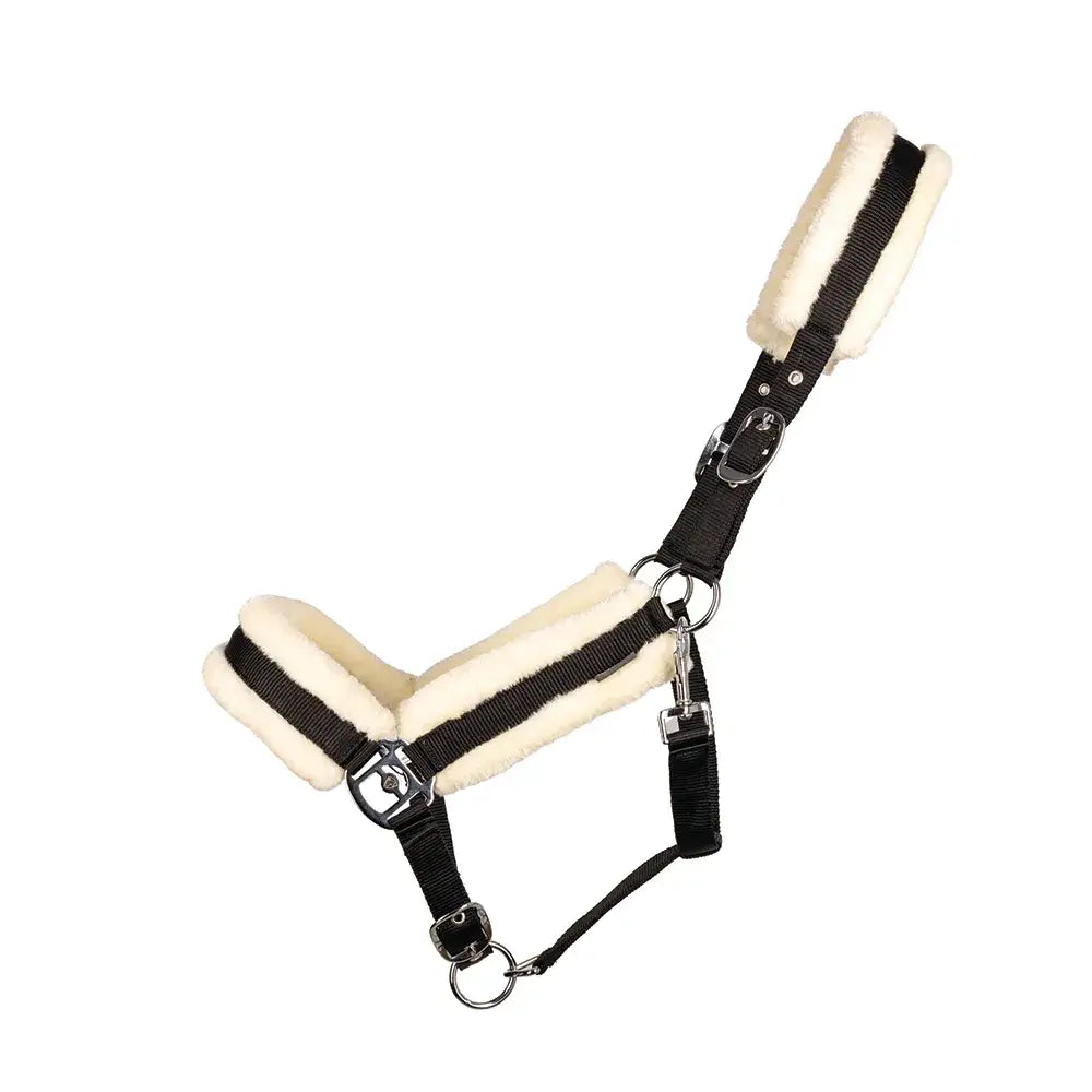 Black leather hy equestrian luxury faux fur head collar with cream fleece lining and stainless steel hardware