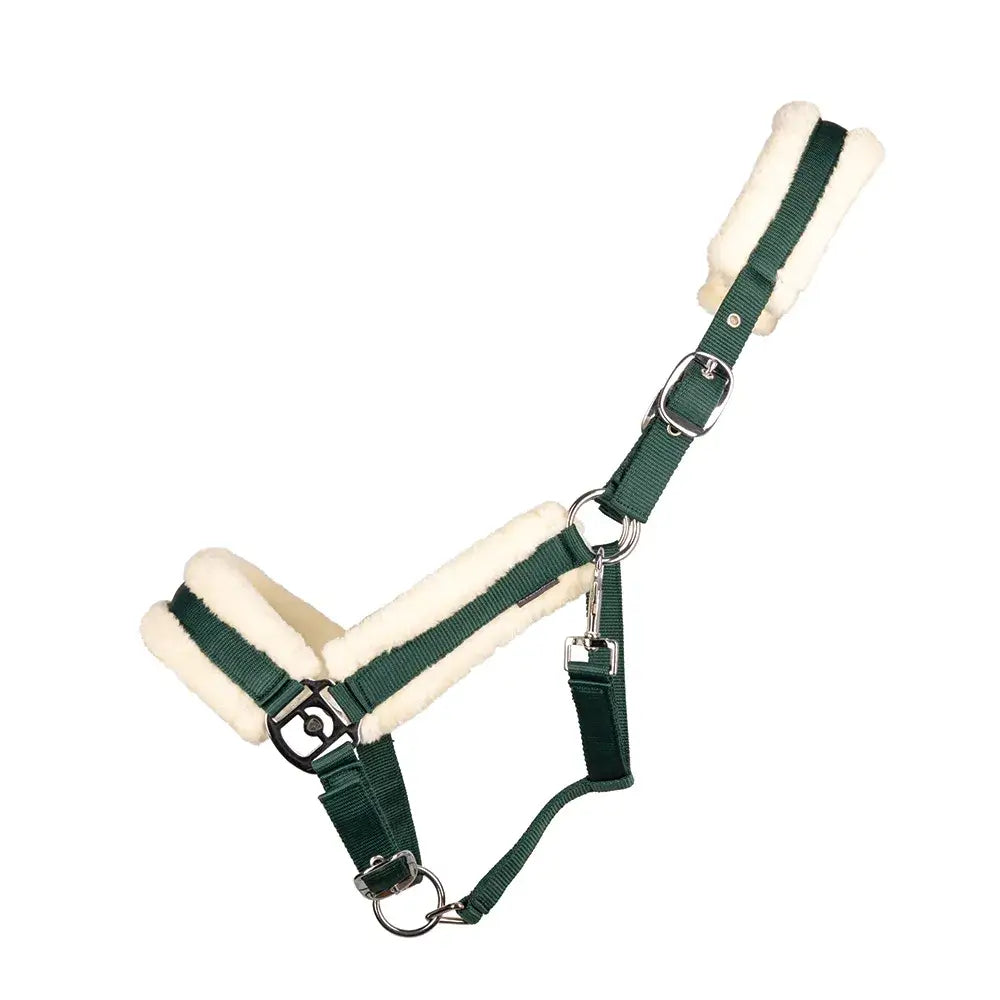 Dark green hy equestrian luxury faux fur head collar with mink fur lining and silver toned stainless steel hardware