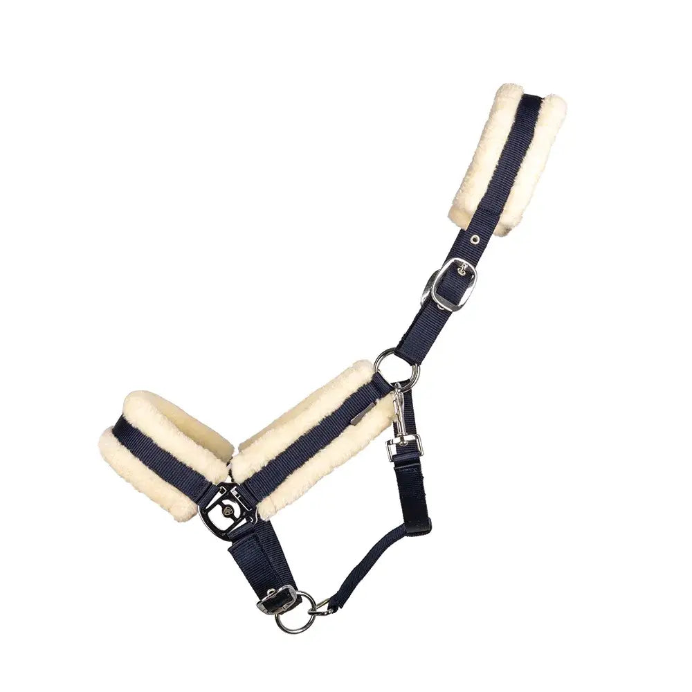Navy blue hy equestrian luxury faux fur head collar with mink fur lining and stainless steel hardware for horses
