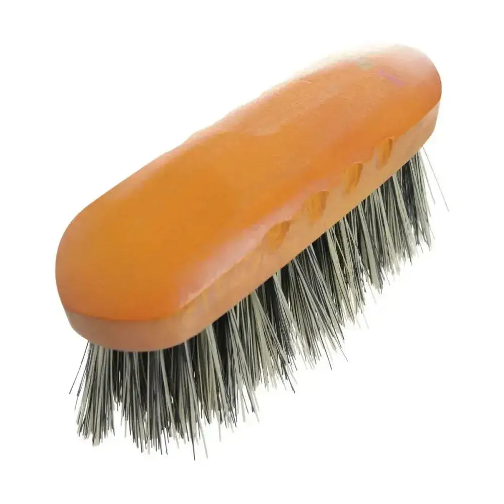 Orange plastic handled flick dandy brush with dense dark gray bristles for hy equestrian luxury flick grooming