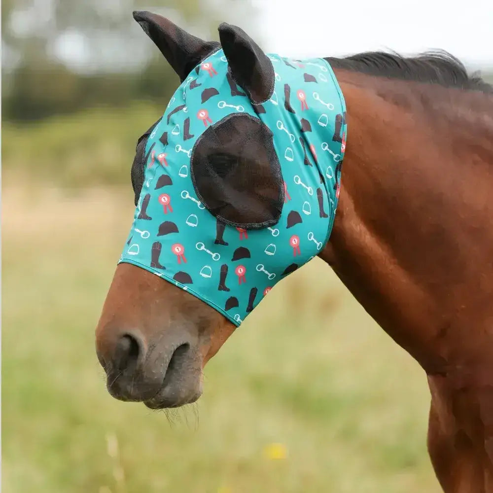 Teal hy equestrian lycra boot print fly mask with black and pink equestrian-themed patterns for fly masks