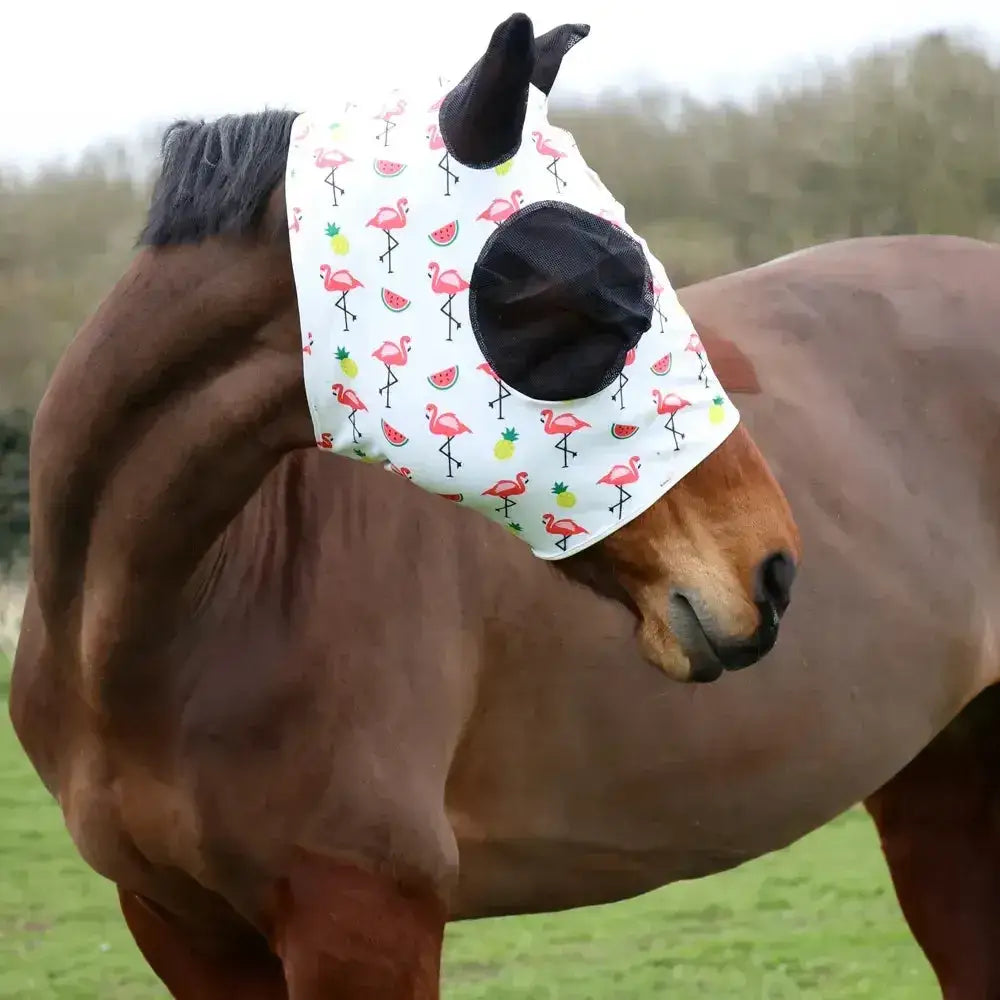 White horse fly mask with pink flamingo print and watermelon pattern in lycra with black mesh eye and ear covers