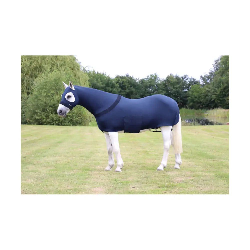 Navy blue hy equestrian lycra flex rug with white eye cutouts and black neck strap for horses wardrobe protection