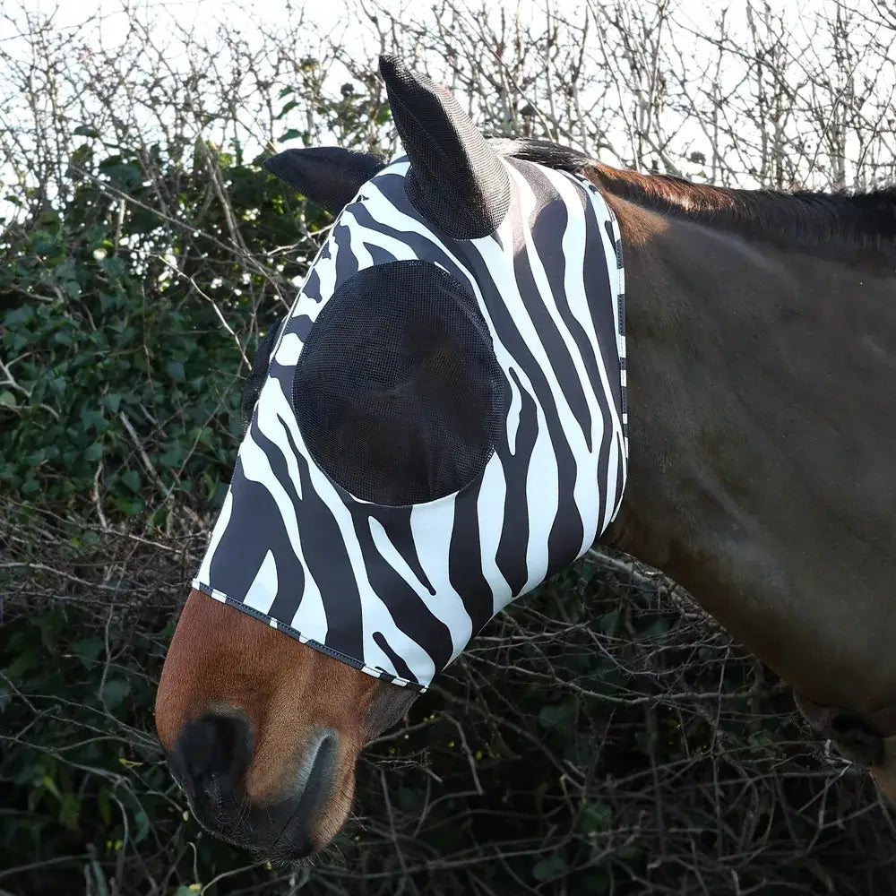 Hy equestrian lycra zebra print fly mask in black and white with mesh eye openings for horse protection