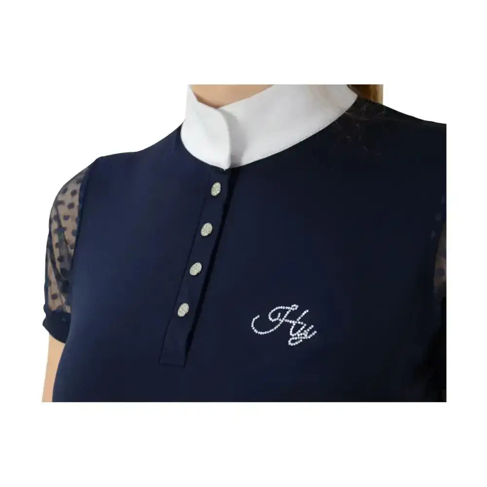 Navy blue sleeveless hy equestrian lydia lace show shirt with white collar crystal buttons and breathable fabric
