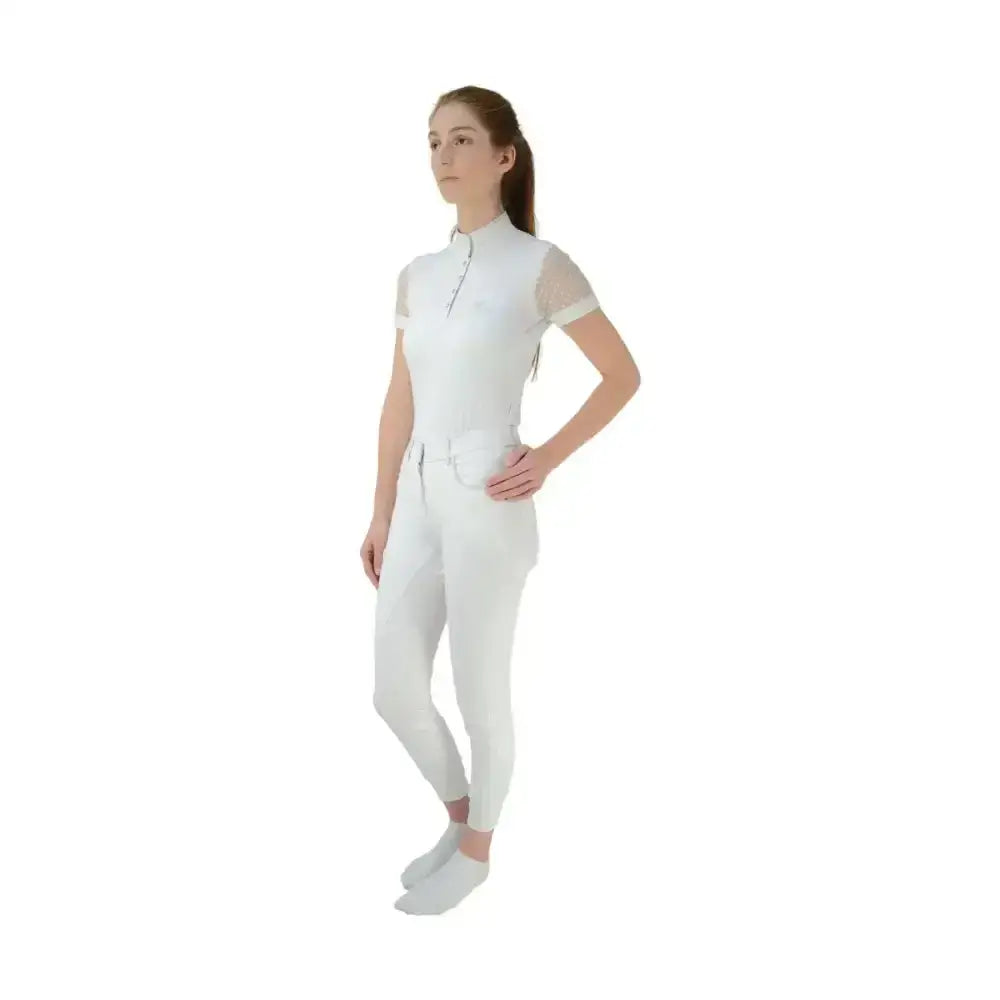 White hy equestrian lydia lace show shirt with breathable mesh sleeves and zipper neckline perfect for riding
