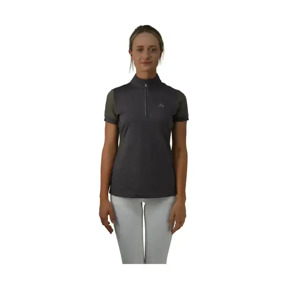 Dark gray short-sleeved equestrian maddie mesh polo shirt with half-zip collar and silver detailing surrounding mesh panels