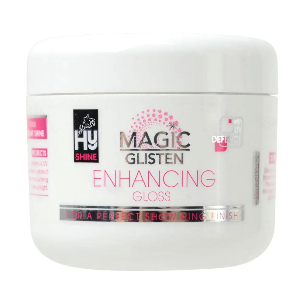 White plastic jar of hy equestrian magic glisten enhancing gloss with pink silver text and added uv filters on label