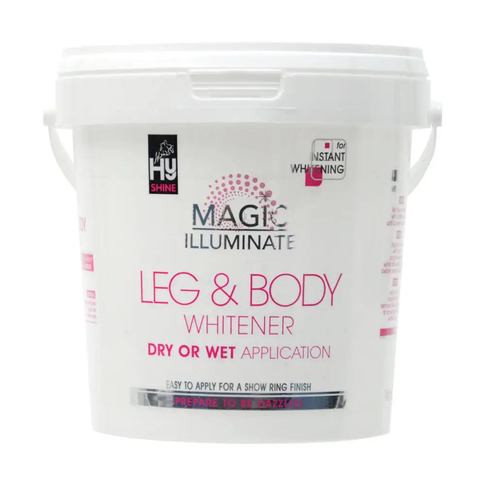 White plastic bucket of hy equestrian magic illuminate leg & body whitener for brilliant white legs, dry or wet use