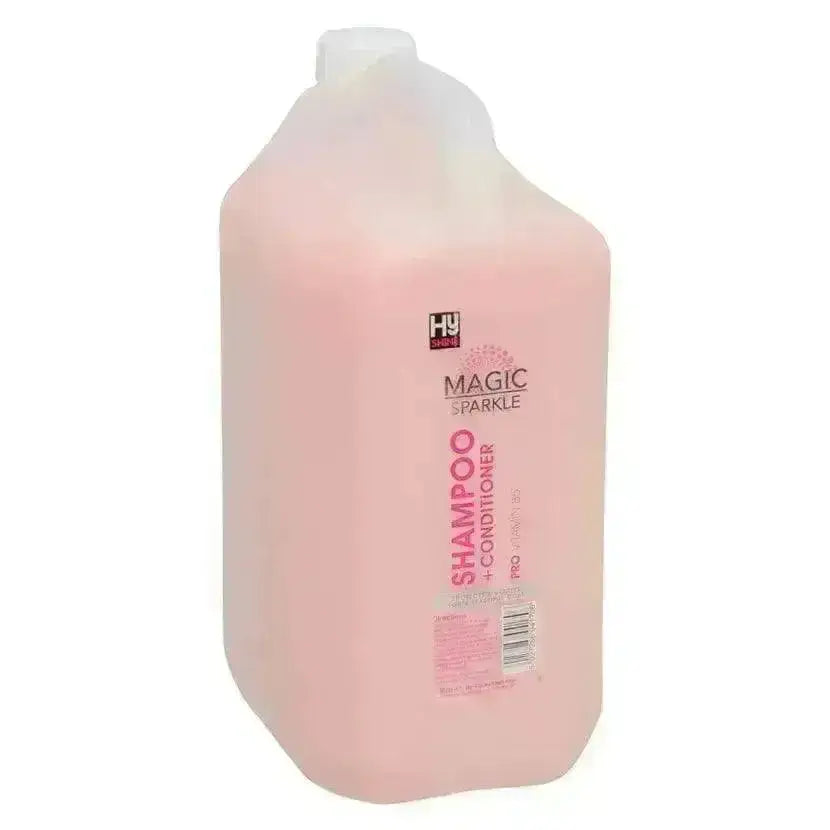 Pink plastic bottle of hy equestrian magic sparkle 2 in 1 shampoo and conditioner to internally strengthen and repair damage