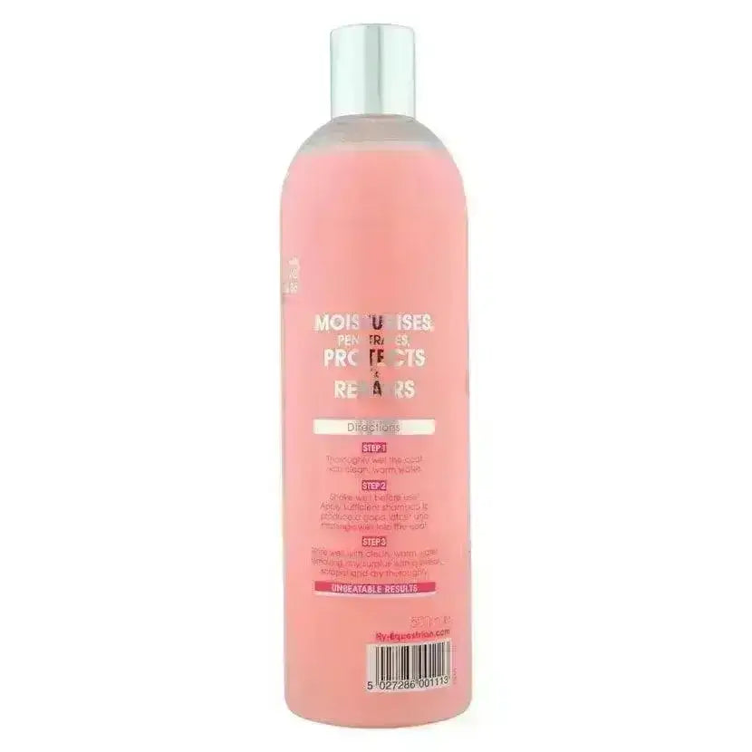 Pink translucent bottle with silver cap of hy equestrian magic sparkle 2 in 1 shampoo and conditioner to repair damage