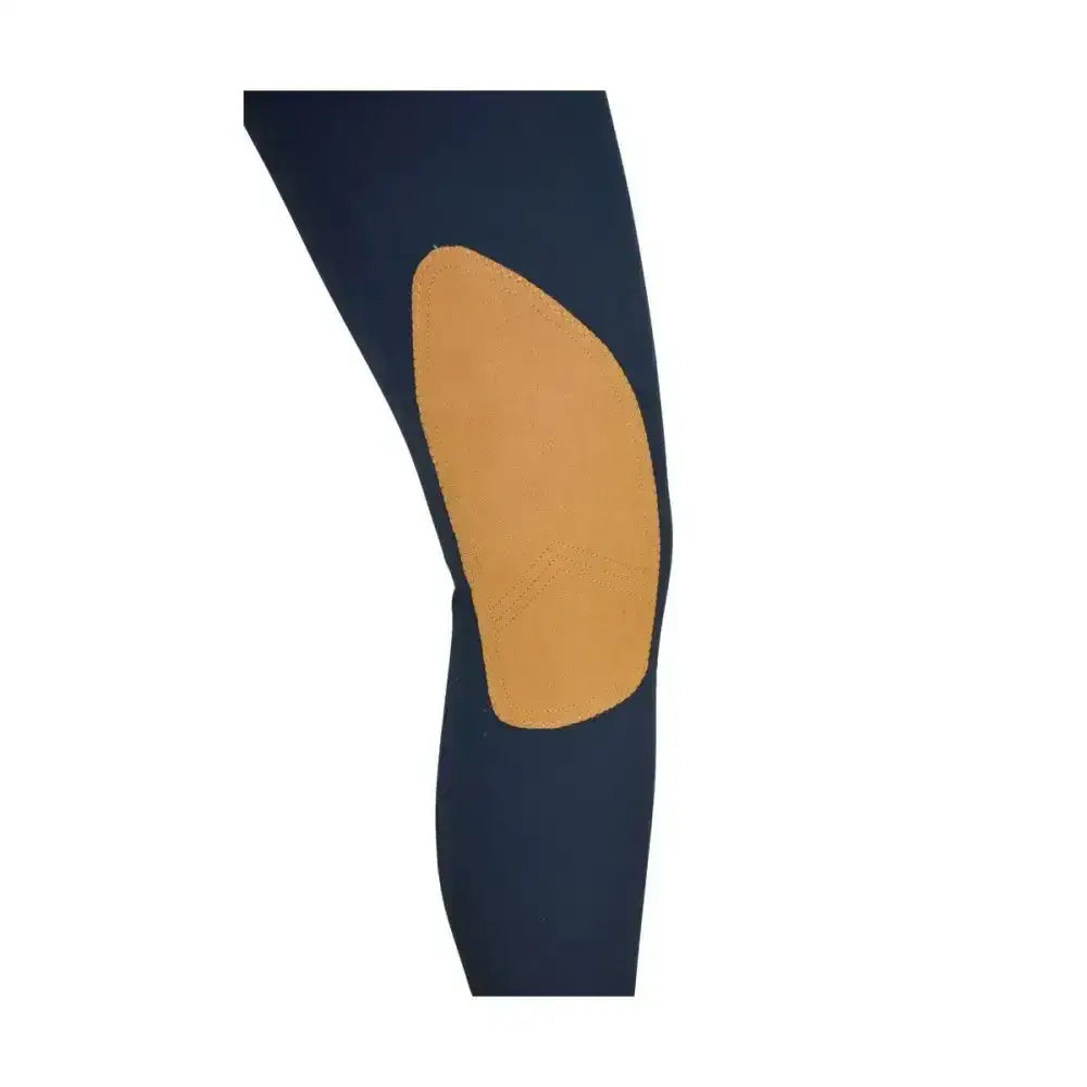 Navy blue equestrian malvern ladies knee pad with tan leather patch on breathable 4-way stretch malvern ladies breeches