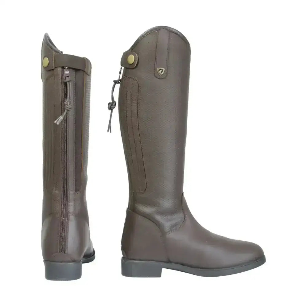 Dark brown leather hy equestrian manarola children’s riding boots with back zipper and logo emblem visible from behind