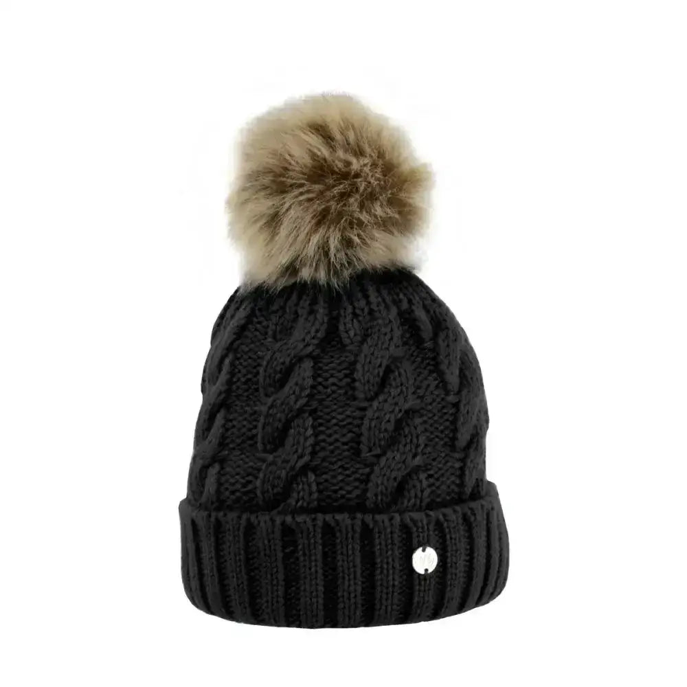 Black hy equestrian melrose cable knit bobble hat with tan pom pom and white logo on the cuff