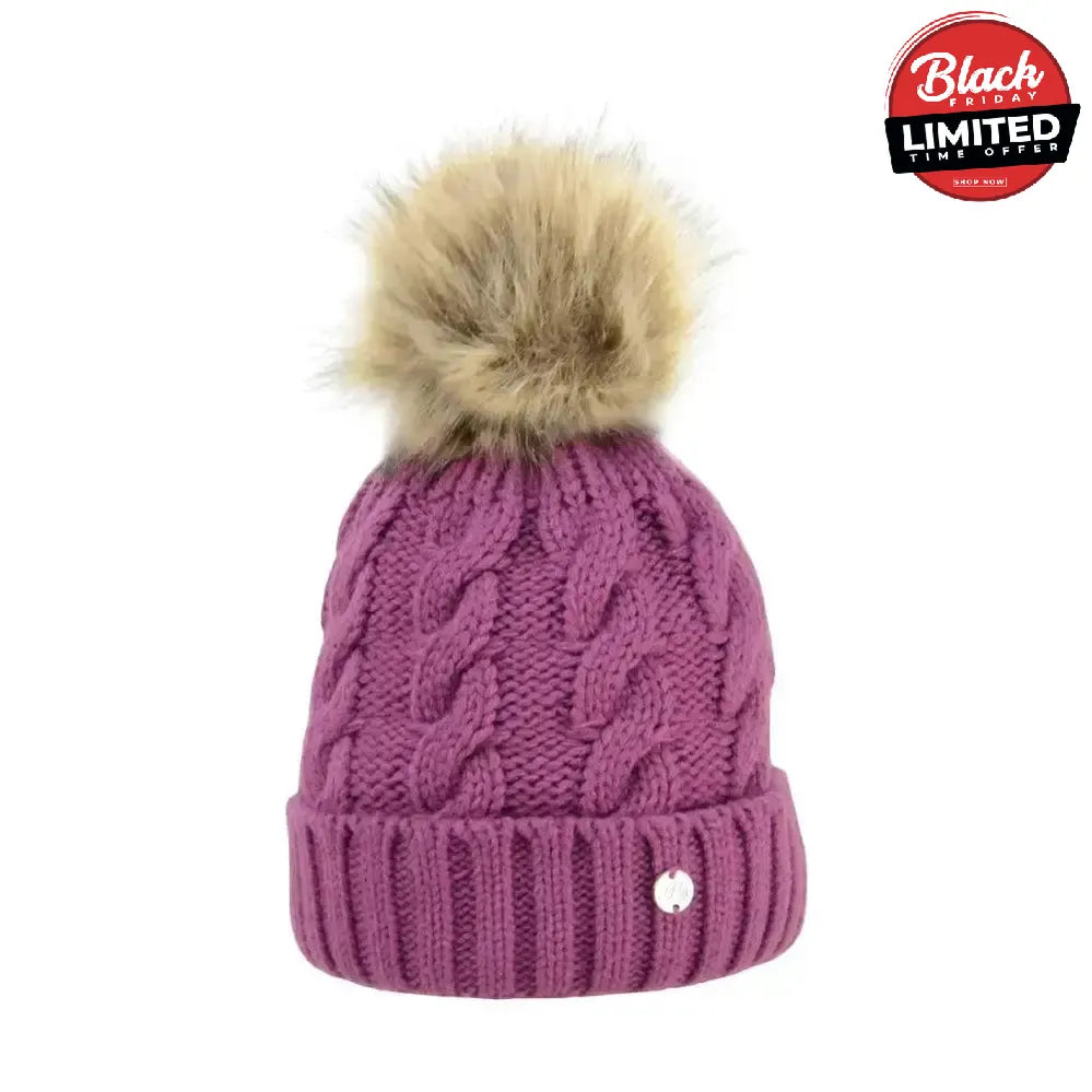 Hy Equestrian Melrose Cable Knit Bobble Hat Damson Headwear & Neckwear