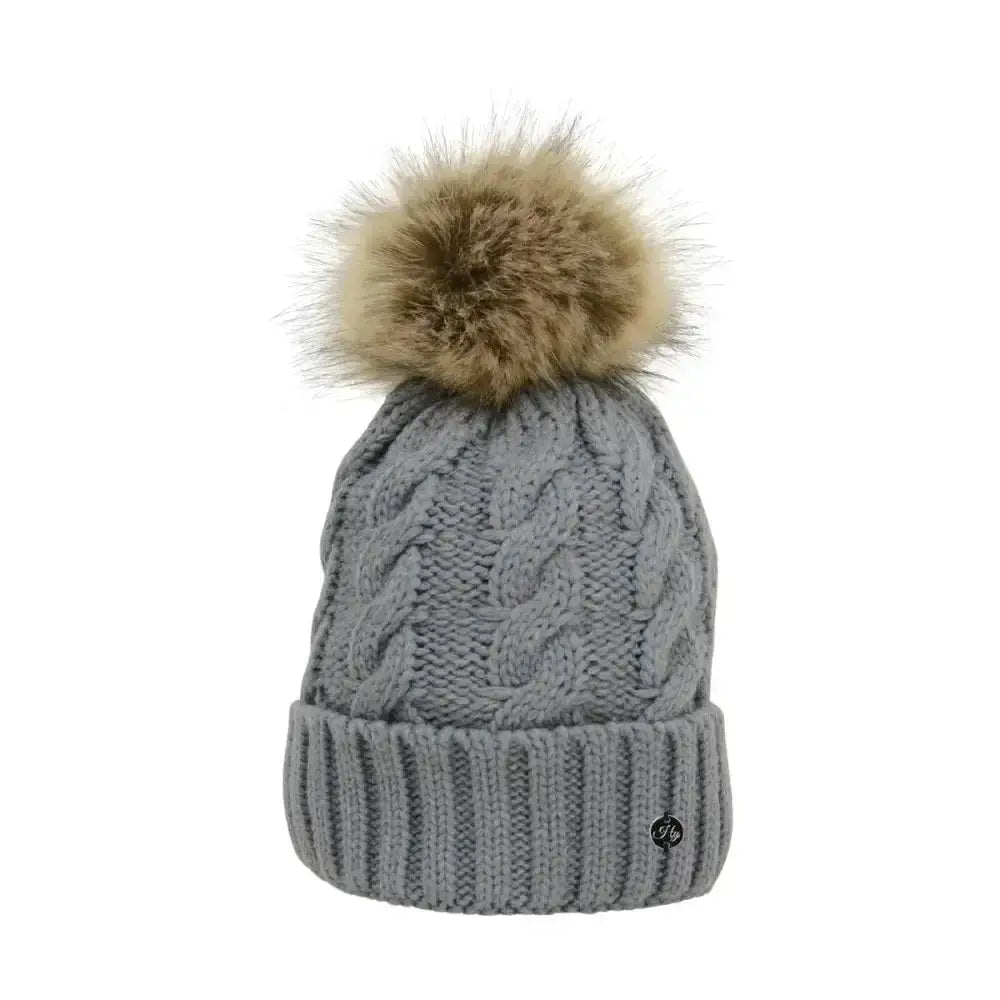Gray melrose cable knit bobble hat with fluffy tan fur pom pom perfect for equestrian style and winter warmth