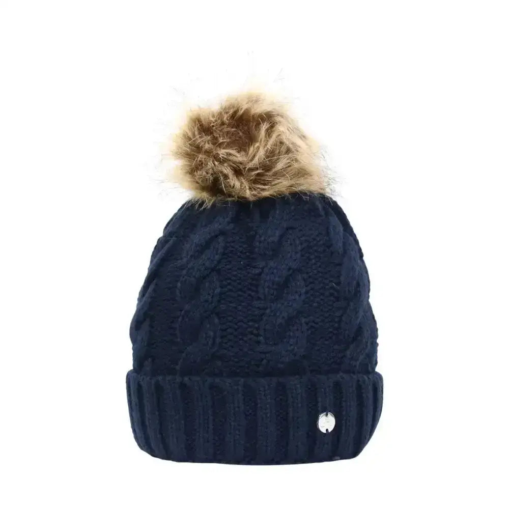 Navy blue hy equestrian melrose cable knit bobble hat with tan faux fur pom pom and silver logo cuff